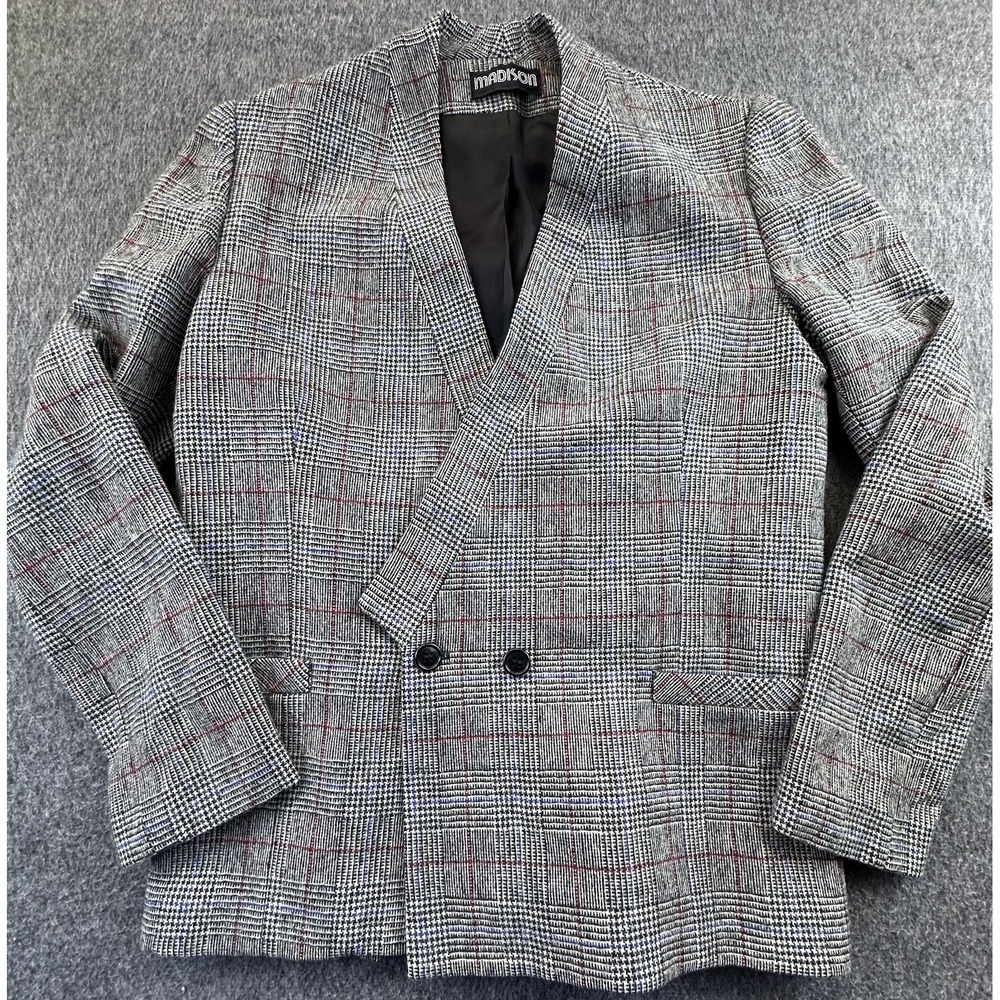 Madison Blazer Womens 8 Gray Plaid Wool Pockets Jacket‎ Vintage